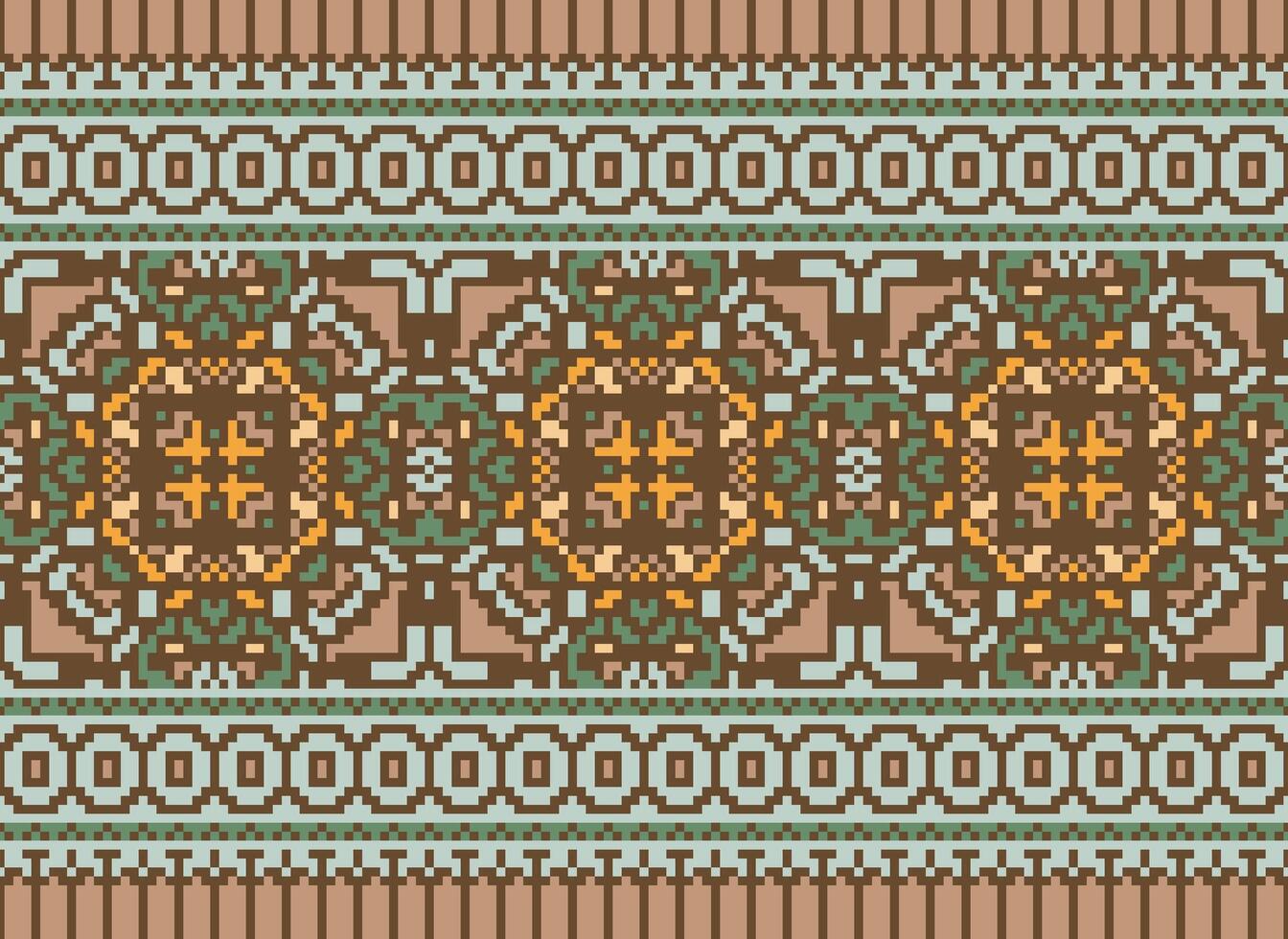 Cross Stitch Embroidery. Ethnic Patterns. Native Style. Traditional Design for texture, textile, fabric, clothing, Knitwear, print. Geometric Pixel Horizontal Seamless Vector. vector