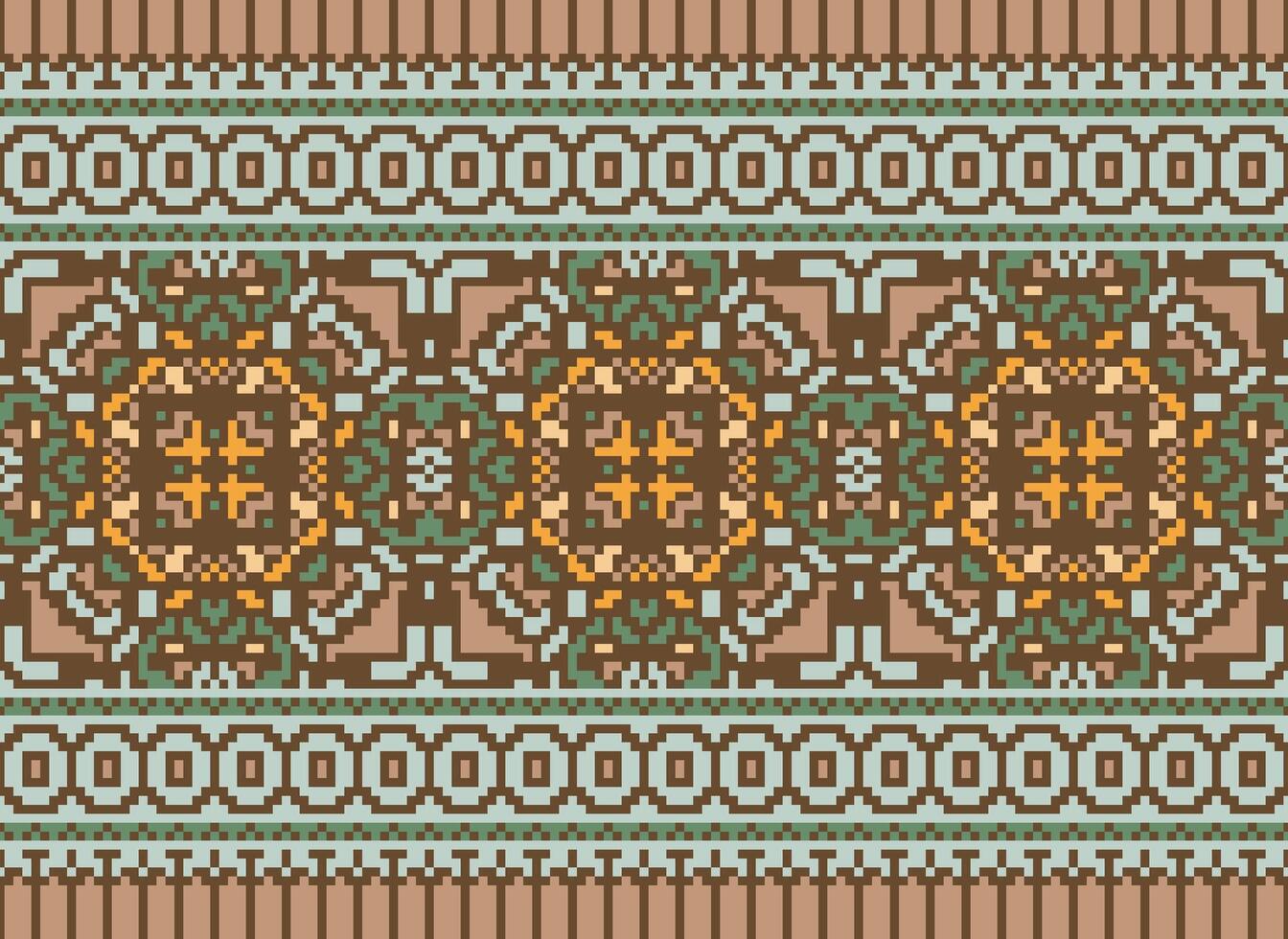 Cross Stitch Embroidery. Ethnic Patterns. Native Style. Traditional Design for texture, textile, fabric, clothing, Knitwear, print. Geometric Pixel Horizontal Seamless Vector. vector