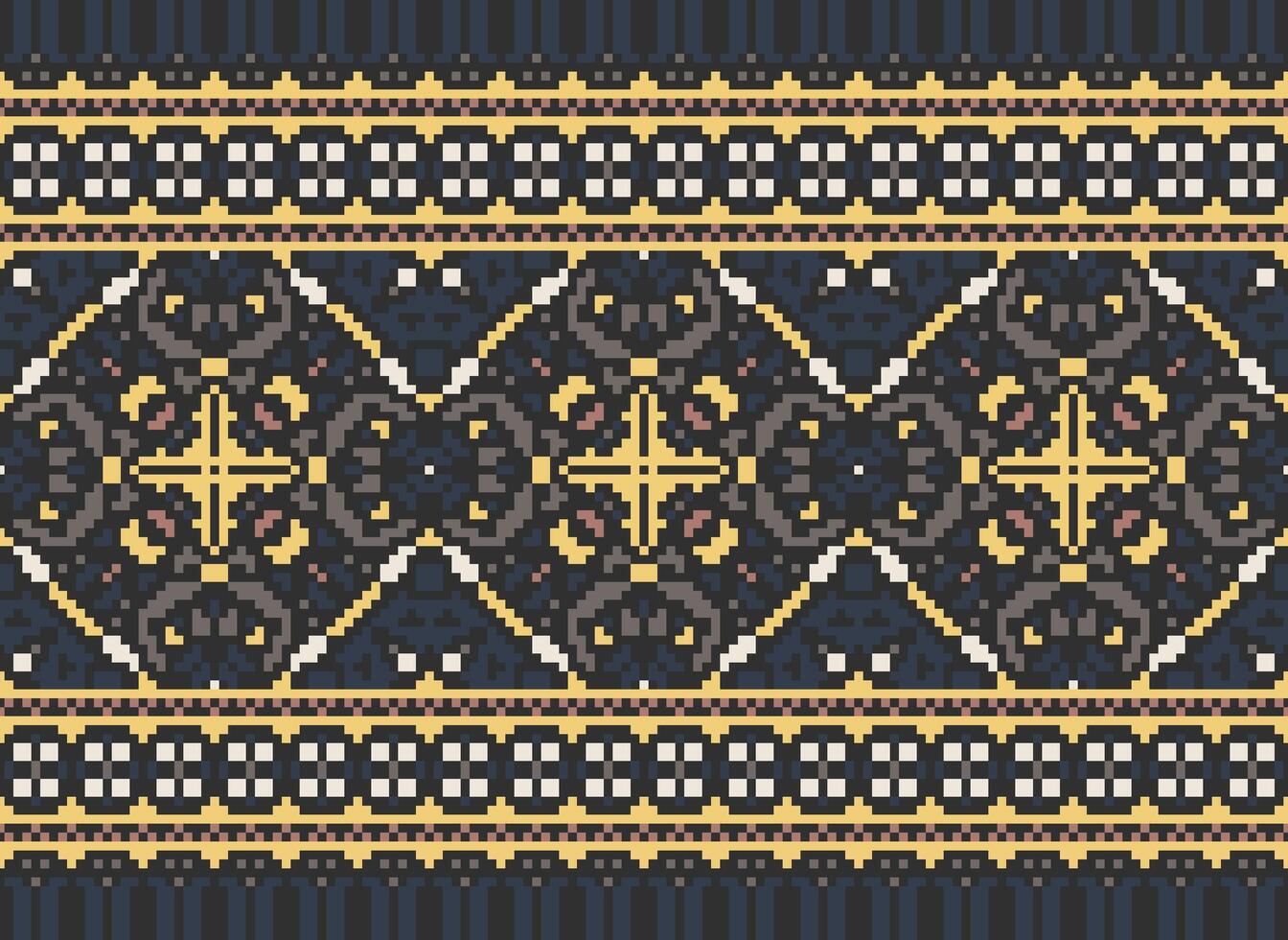 Pixel vintages cross stitch traditional ethnic pattern paisley flower Ikat background abstract Aztec African Indonesian Indian seamless pattern for fabric print cloth dress carpet curtains and sarong vector