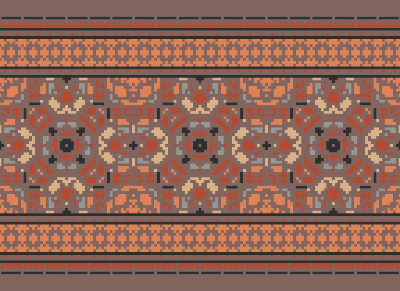 Pixel vintages cross stitch traditional ethnic pattern paisley flower Ikat background abstract Aztec African Indonesian Indian seamless pattern for fabric print cloth dress carpet curtains and sarong vector