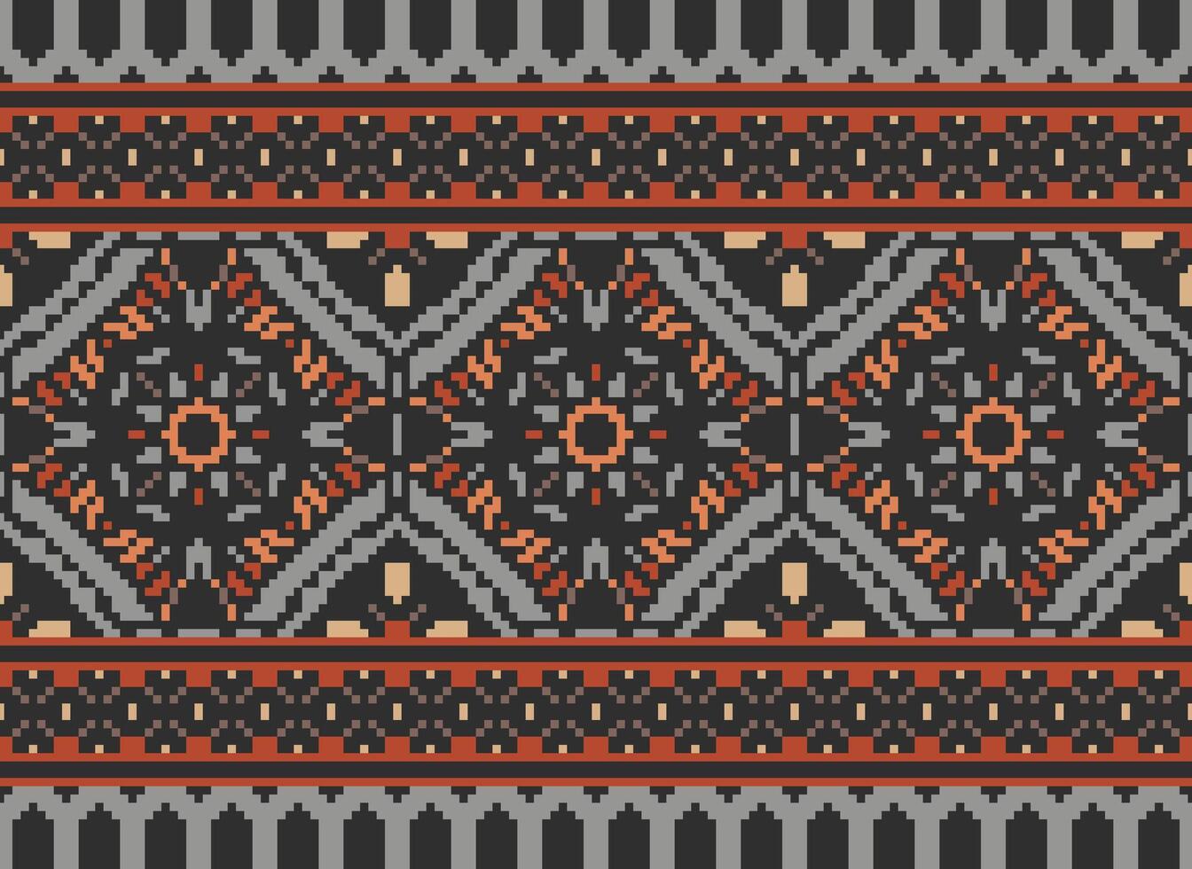 Pixel vintages cross stitch traditional ethnic pattern paisley flower Ikat background abstract Aztec African Indonesian Indian seamless pattern for fabric print cloth dress carpet curtains and sarong vector