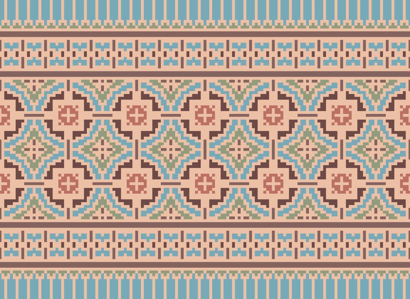 Pixel vintages cross stitch traditional ethnic pattern paisley flower Ikat background abstract Aztec African Indonesian Indian seamless pattern for fabric print cloth dress carpet curtains and sarong vector