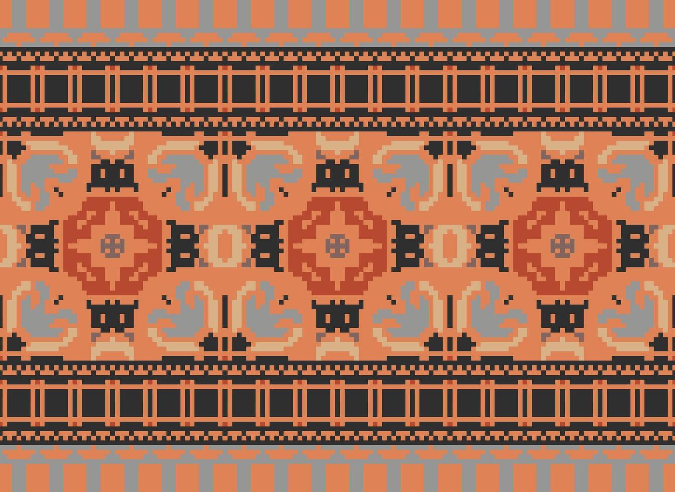 Pixel cross stitch traditional ethnic pattern paisley flower Ikat background abstract Aztec African Indonesian Indian seamless pattern for fabric print cloth dress carpet curtains and sarong vector