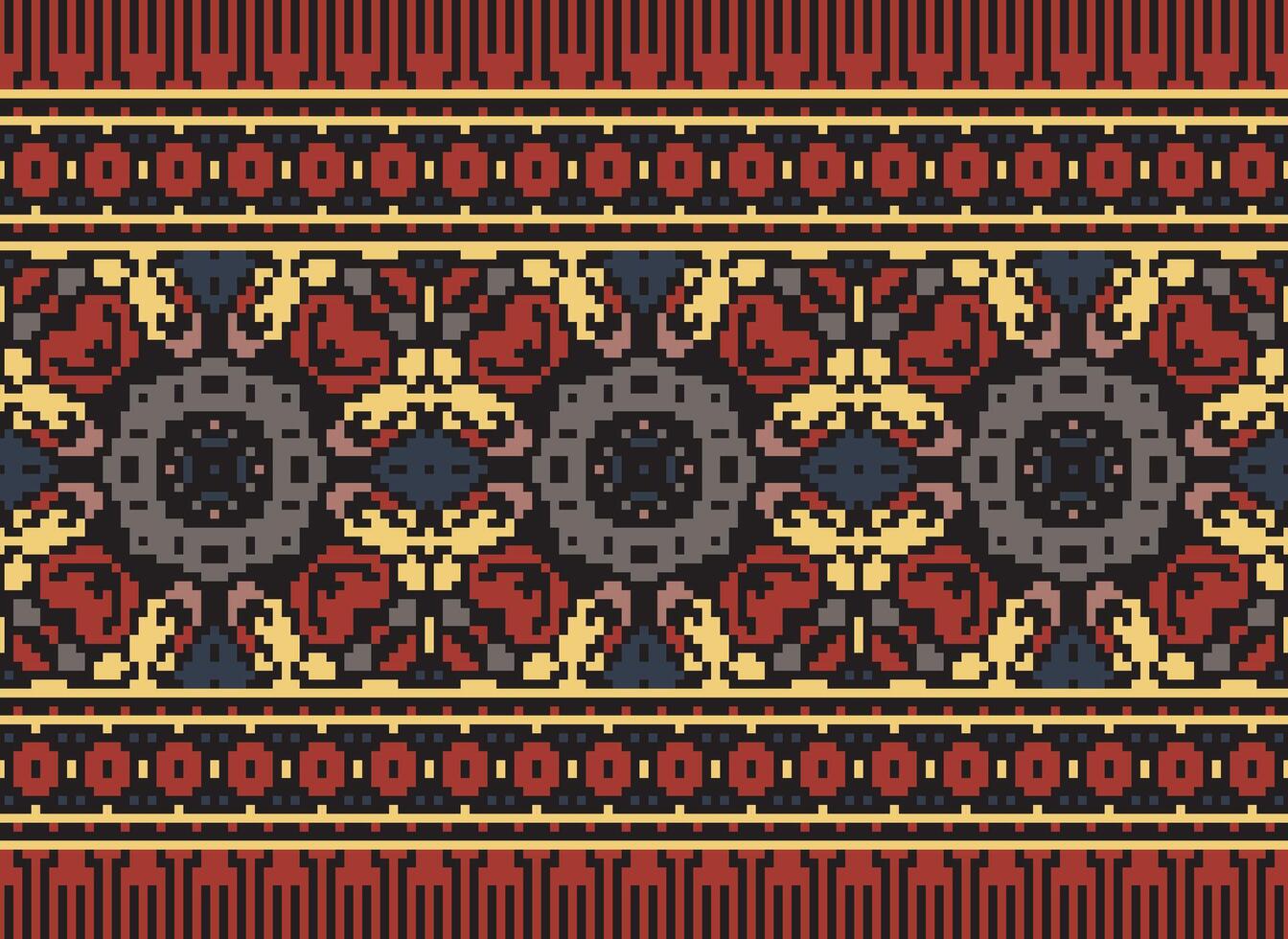 Pixel vintages cross stitch traditional ethnic pattern paisley flower Ikat background abstract Aztec African Indonesian Indian seamless pattern for fabric print cloth dress carpet curtains and sarong vector