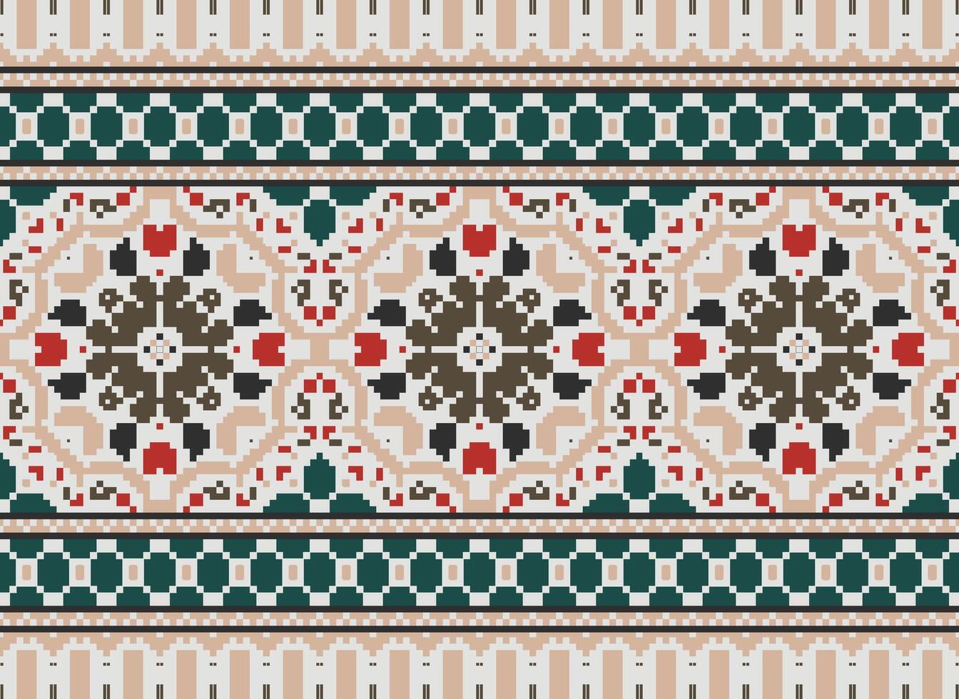 Pixel vintages cross stitch traditional ethnic pattern paisley flower Ikat background abstract Aztec African Indonesian Indian seamless pattern for fabric print cloth dress carpet curtains and sarong vector