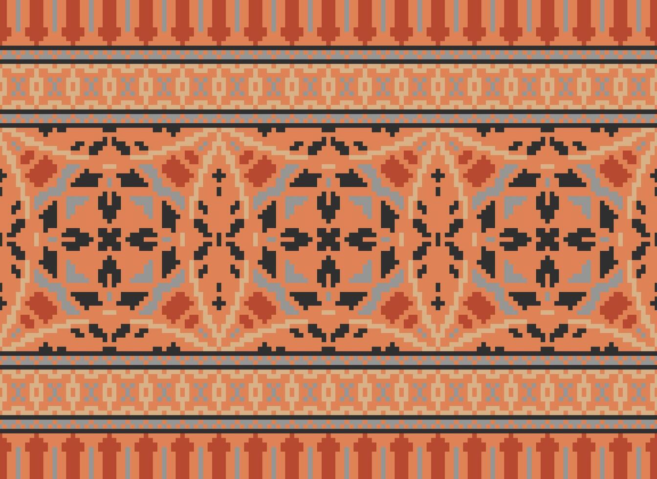 Pixel vintages cross stitch traditional ethnic pattern paisley flower Ikat background abstract Aztec African Indonesian Indian seamless pattern for fabric print cloth dress carpet curtains and sarong vector