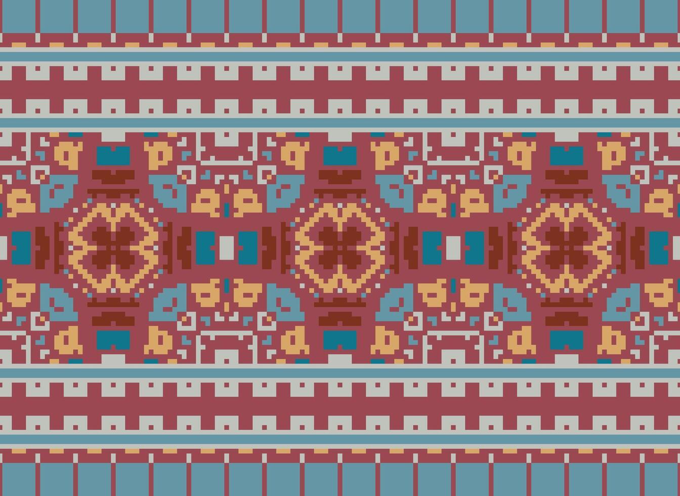 Pixel vintages cross stitch traditional ethnic pattern paisley flower Ikat background abstract Aztec African Indonesian Indian seamless pattern for fabric print cloth dress carpet curtains and sarong vector