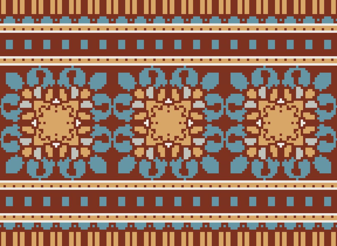 Pixel cross stitch traditional ethnic pattern paisley flower Ikat background abstract Aztec African Indonesian Indian seamless pattern for fabric print cloth dress carpet curtains and sarong vector