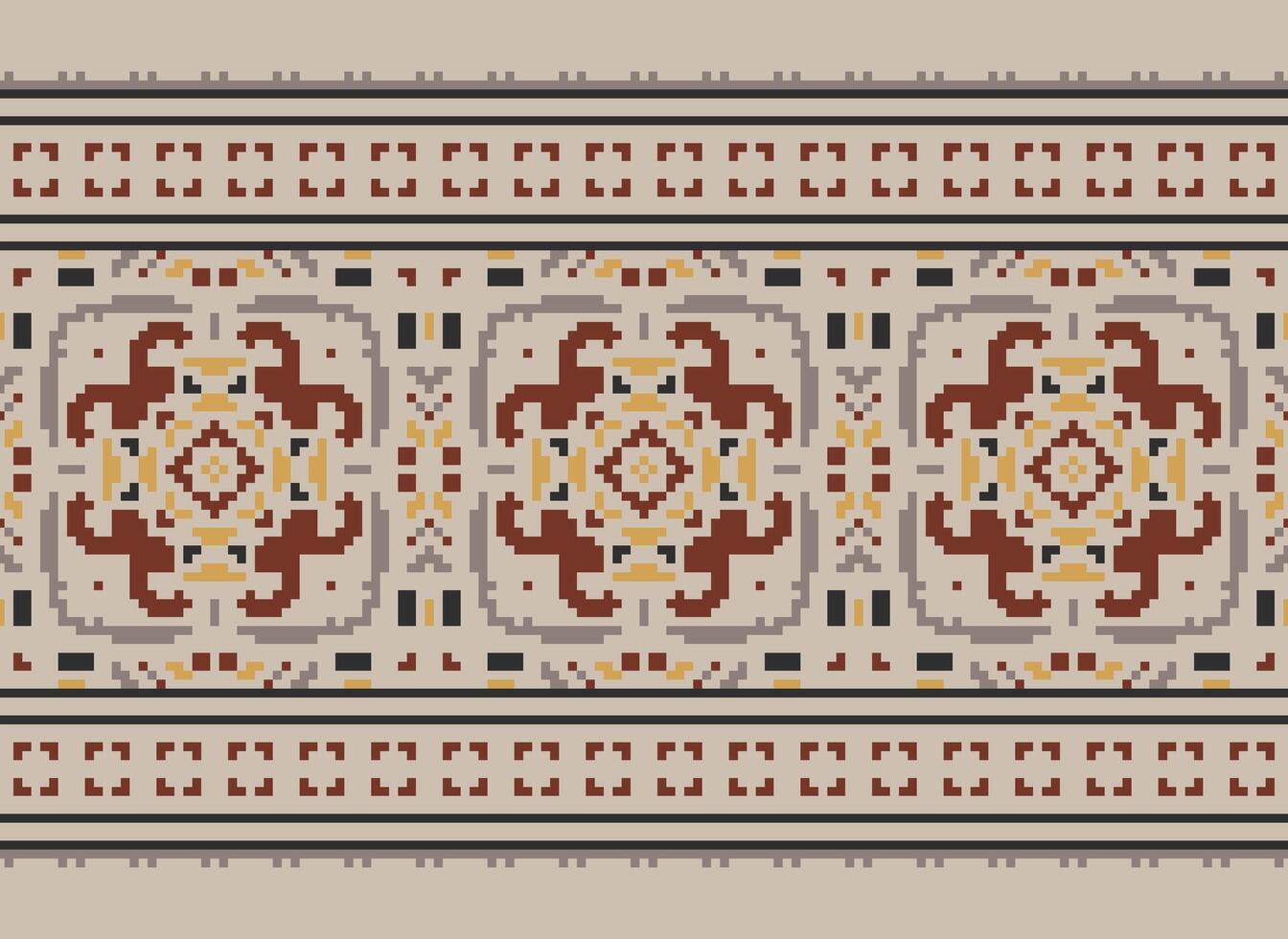 Pixel cross stitch traditional ethnic pattern paisley flower Ikat background abstract Aztec African Indonesian Indian seamless pattern for fabric print cloth dress carpet curtains and sarong vector