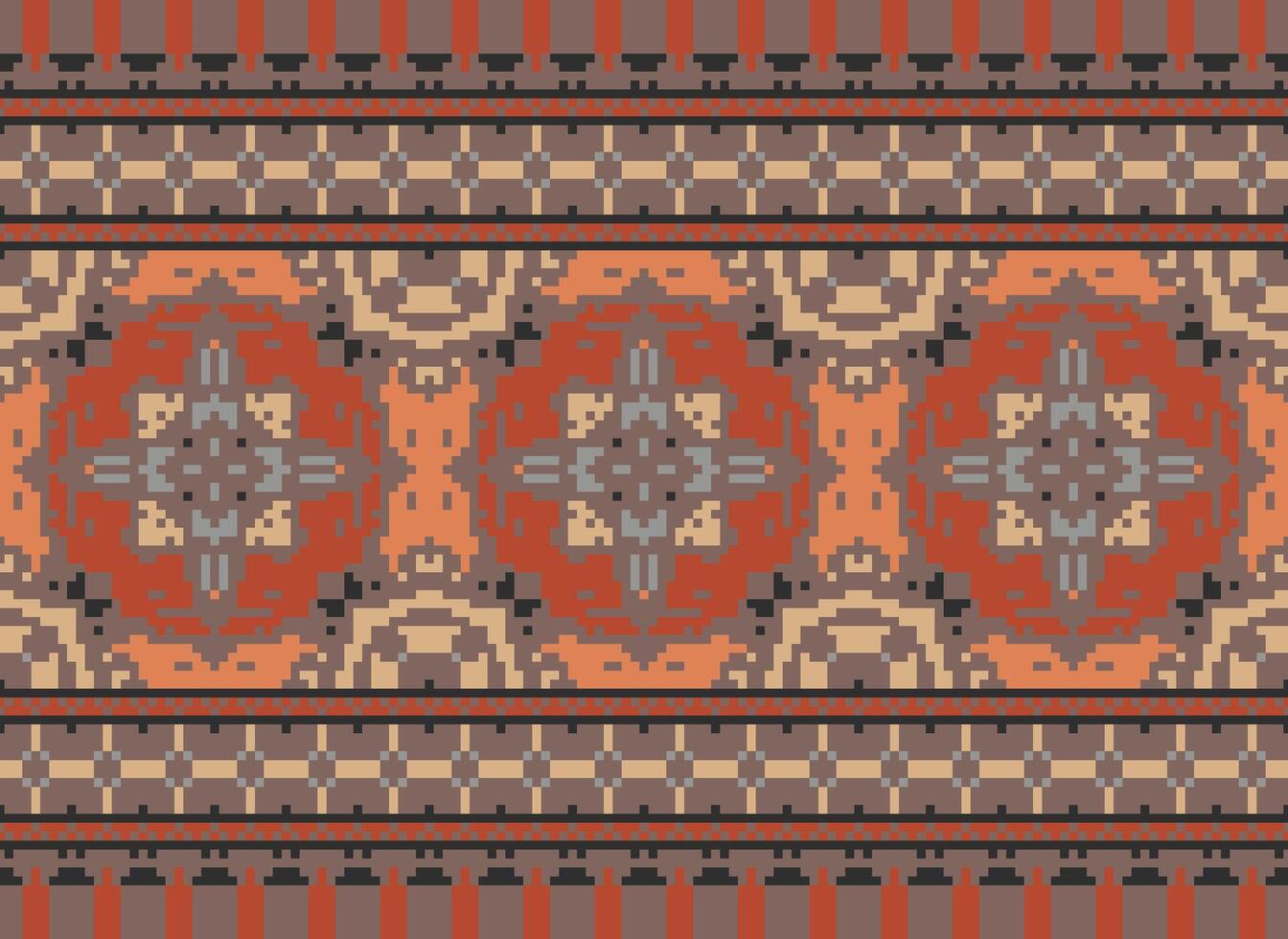 Pixel vintages cross stitch traditional ethnic pattern paisley flower Ikat background abstract Aztec African Indonesian Indian seamless pattern for fabric print cloth dress carpet curtains and sarong vector