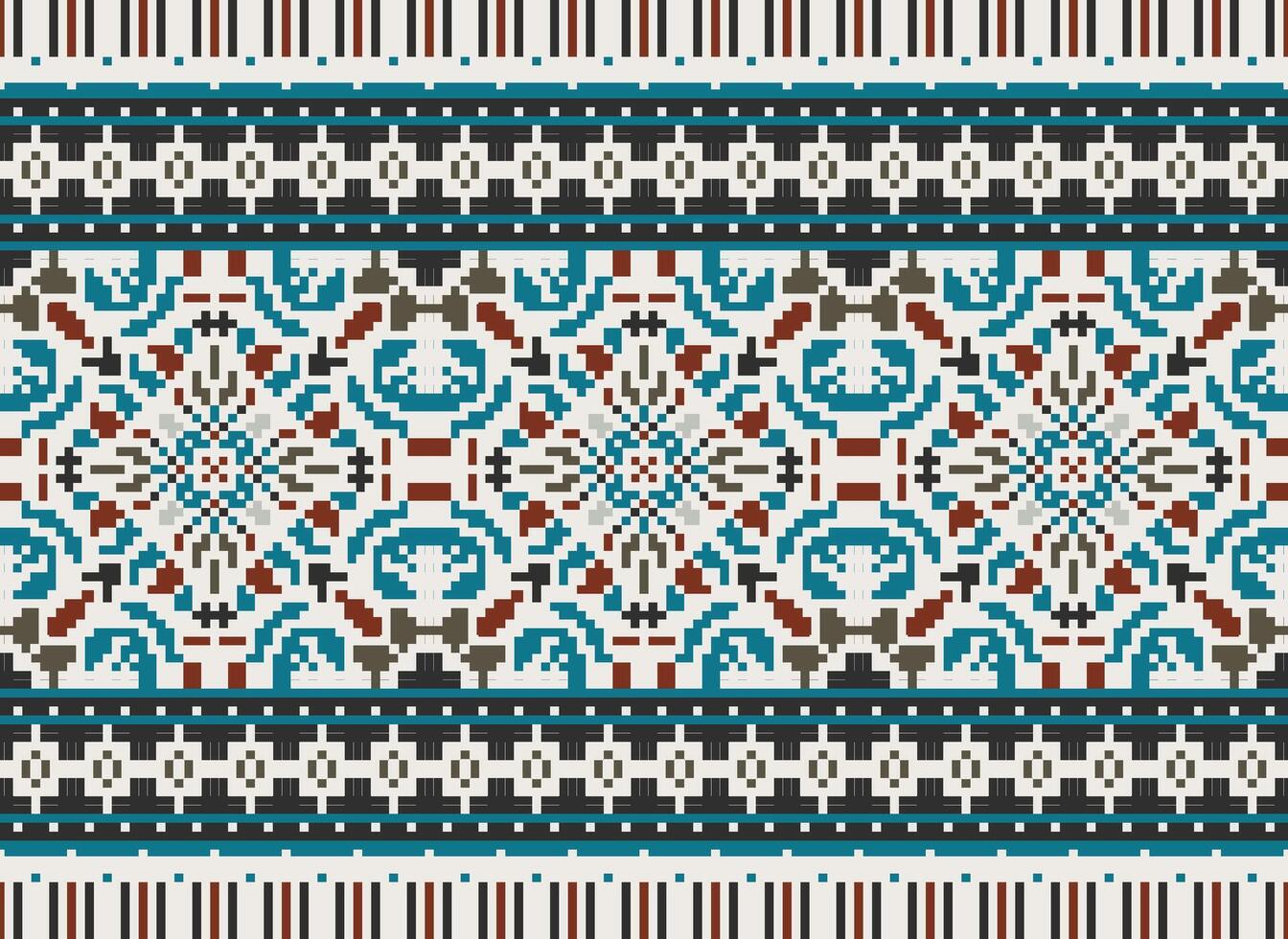 Pixel vintages cross stitch traditional ethnic pattern paisley flower Ikat background abstract Aztec African Indonesian Indian seamless pattern for fabric print cloth dress carpet curtains and sarong vector