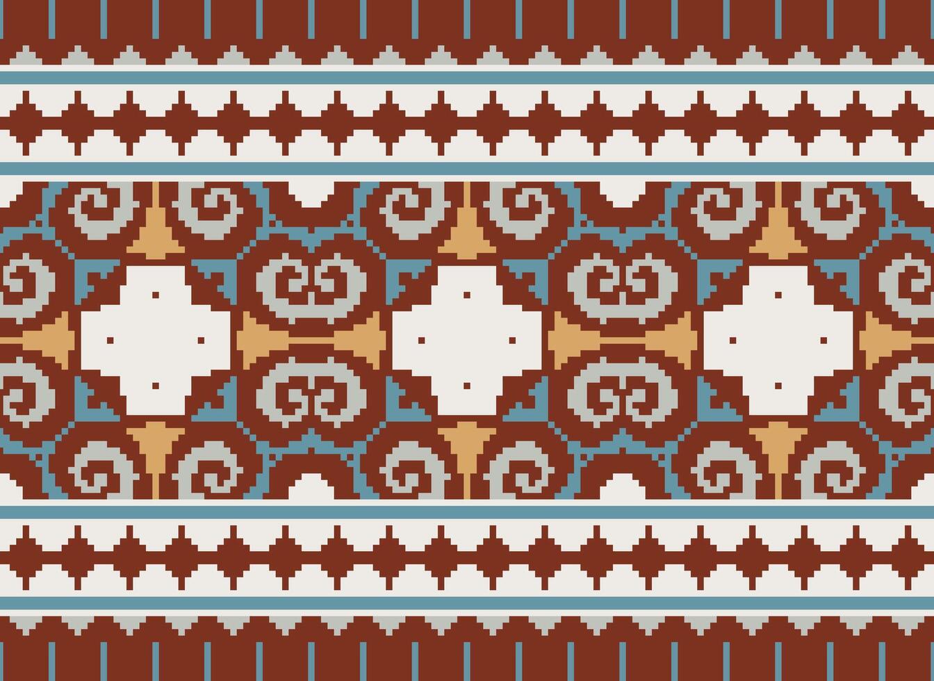 Pixel cross stitch traditional ethnic pattern paisley flower Ikat background abstract Aztec African Indonesian Indian seamless pattern for fabric print cloth dress carpet curtains and sarong vector