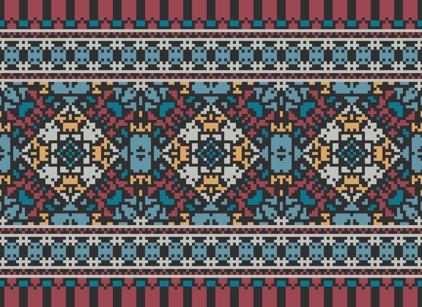 Pixel vintages cross stitch traditional ethnic pattern paisley flower Ikat background abstract Aztec African Indonesian Indian seamless pattern for fabric print cloth dress carpet curtains and sarong vector
