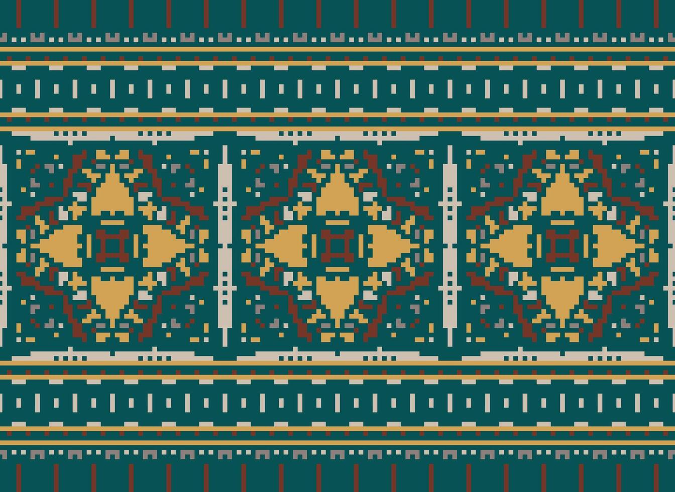 Pixel cross stitch traditional ethnic pattern paisley flower Ikat background abstract Aztec African Indonesian Indian seamless pattern for fabric print cloth dress carpet curtains and sarong vector