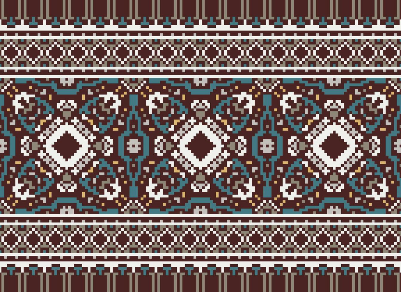 Pixel cross stitch traditional ethnic pattern paisley flower Ikat background abstract Aztec African Indonesian Indian seamless pattern for fabric print cloth dress carpet curtains and sarong vector