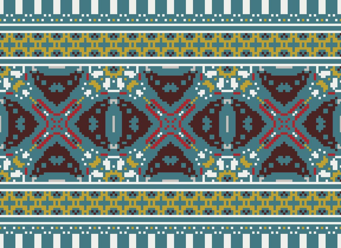 Pixel cross stitch traditional ethnic pattern paisley flower Ikat background abstract Aztec African Indonesian Indian seamless pattern for fabric print cloth dress carpet curtains and sarong vector