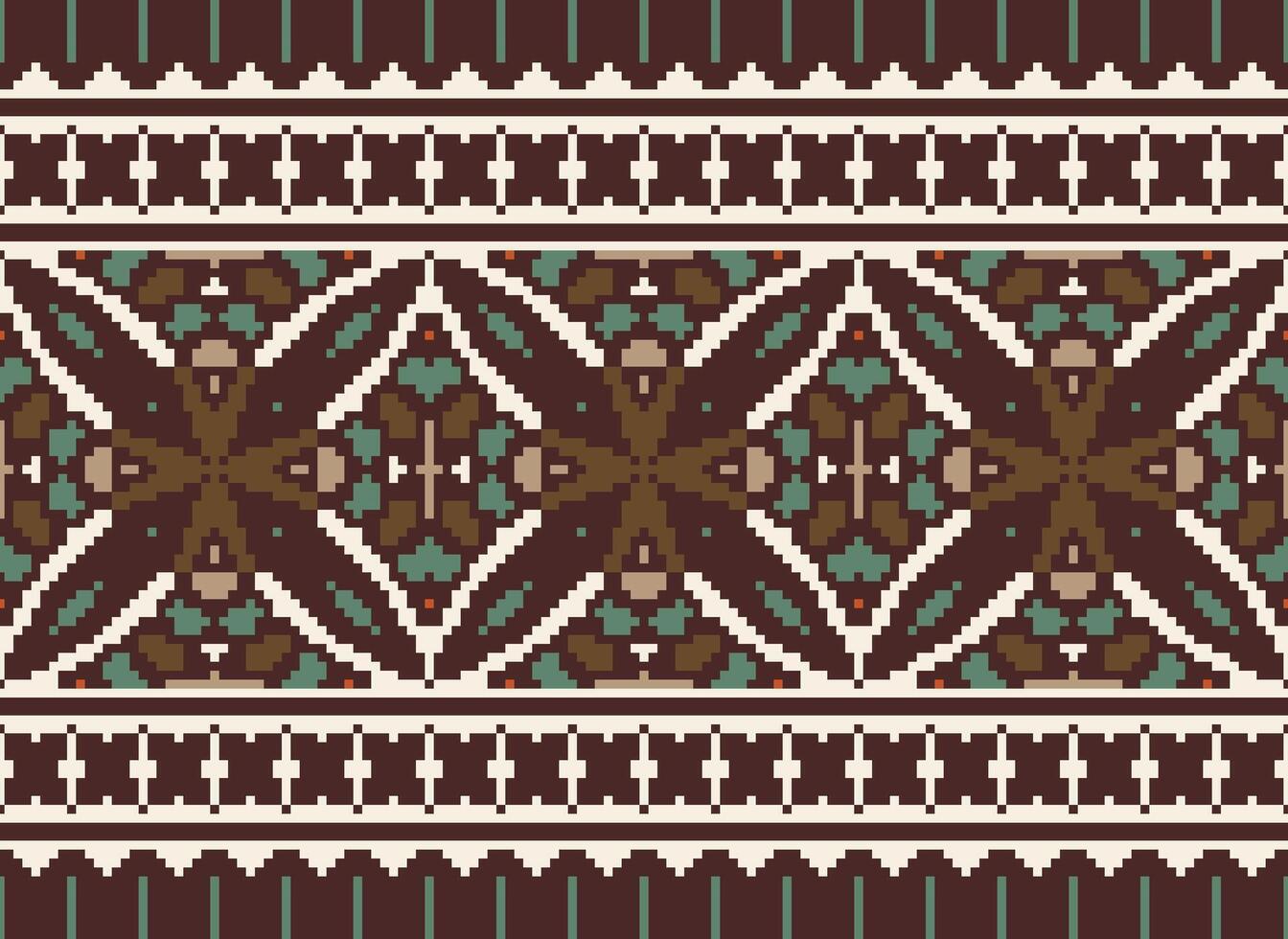Pixel cross stitch traditional ethnic pattern paisley flower Ikat background abstract Aztec African Indonesian Indian seamless pattern for fabric print cloth dress carpet curtains and sarong vector