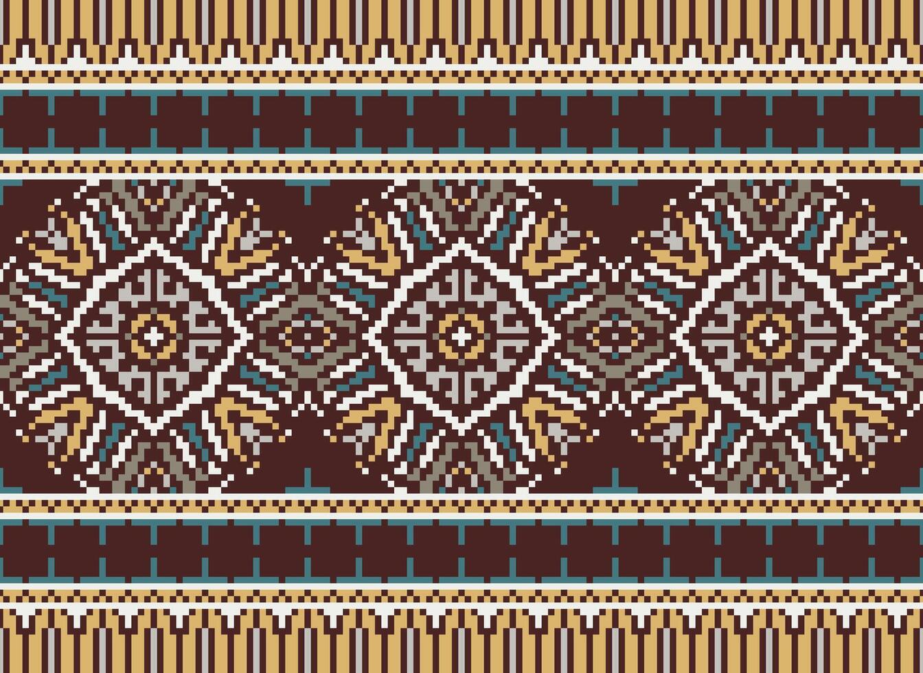 Pixel cross stitch traditional ethnic pattern paisley flower Ikat background abstract Aztec African Indonesian Indian seamless pattern for fabric print cloth dress carpet curtains and sarong vector