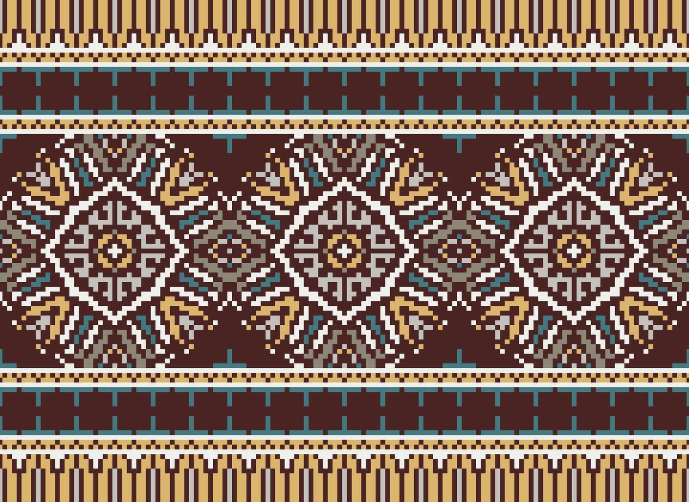 Pixel cross stitch traditional ethnic pattern paisley flower Ikat background abstract Aztec African Indonesian Indian seamless pattern for fabric print cloth dress carpet curtains and sarong vector