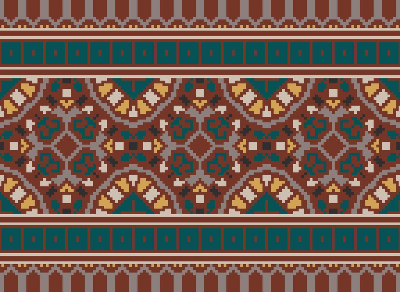 Pixel cross stitch traditional ethnic pattern paisley flower Ikat background abstract Aztec African Indonesian Indian seamless pattern for fabric print cloth dress carpet curtains and sarong vector