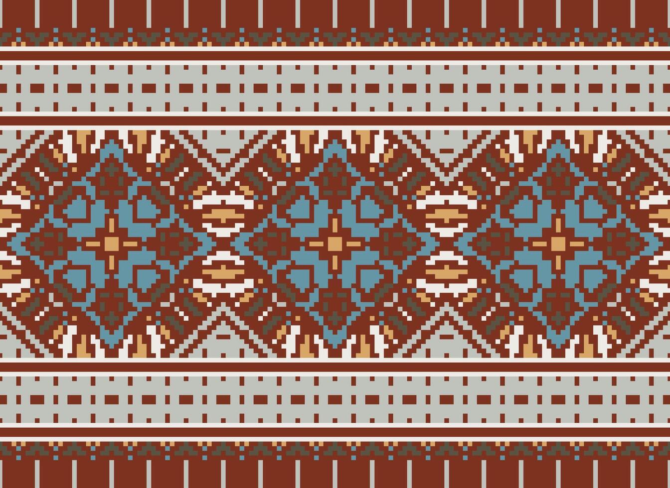 Pixel cross stitch traditional ethnic pattern paisley flower Ikat background abstract Aztec African Indonesian Indian seamless pattern for fabric print cloth dress carpet curtains and sarong vector