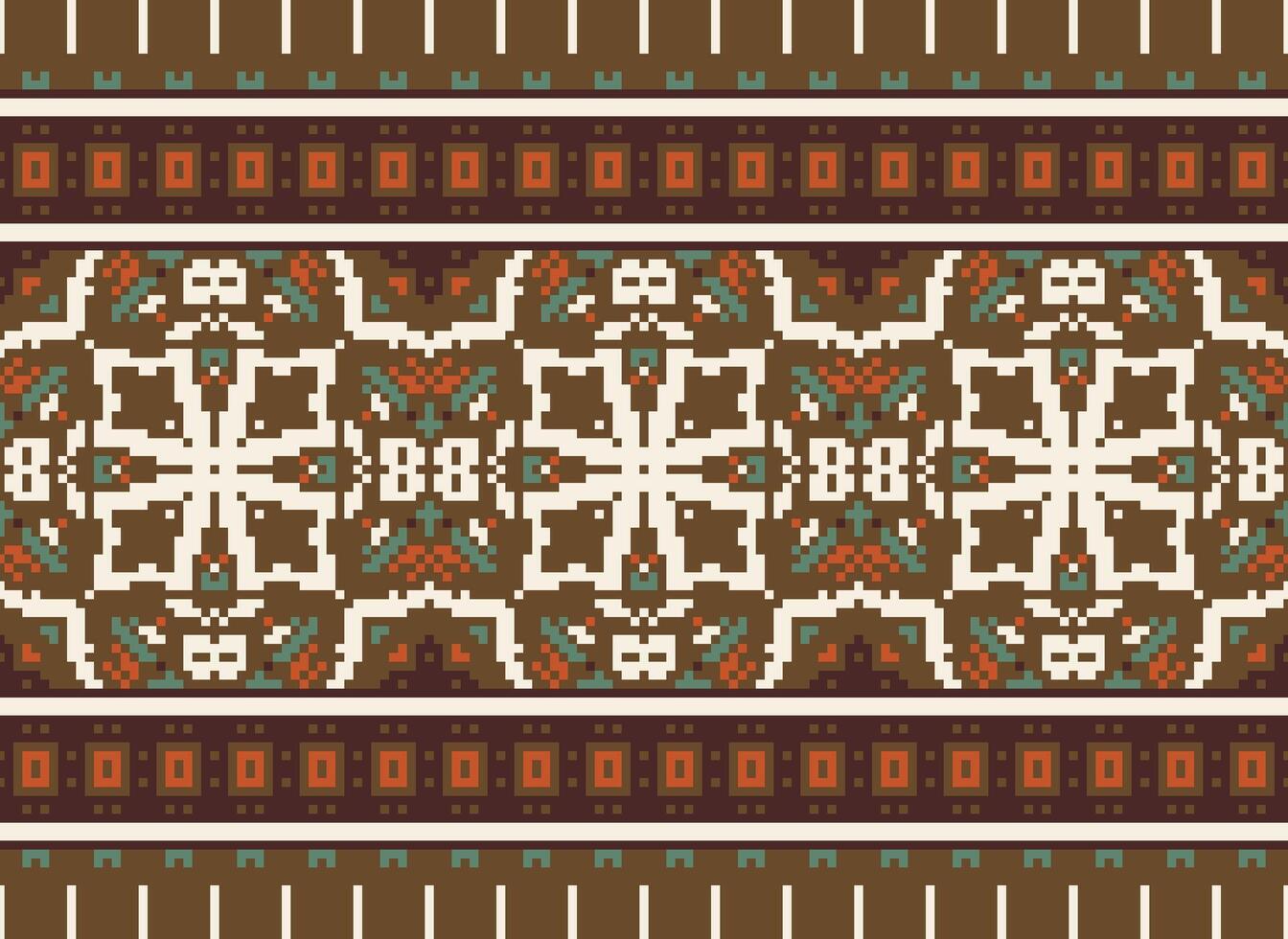 Pixel cross stitch traditional ethnic pattern paisley flower Ikat background abstract Aztec African Indonesian Indian seamless pattern for fabric print cloth dress carpet curtains and sarong vector