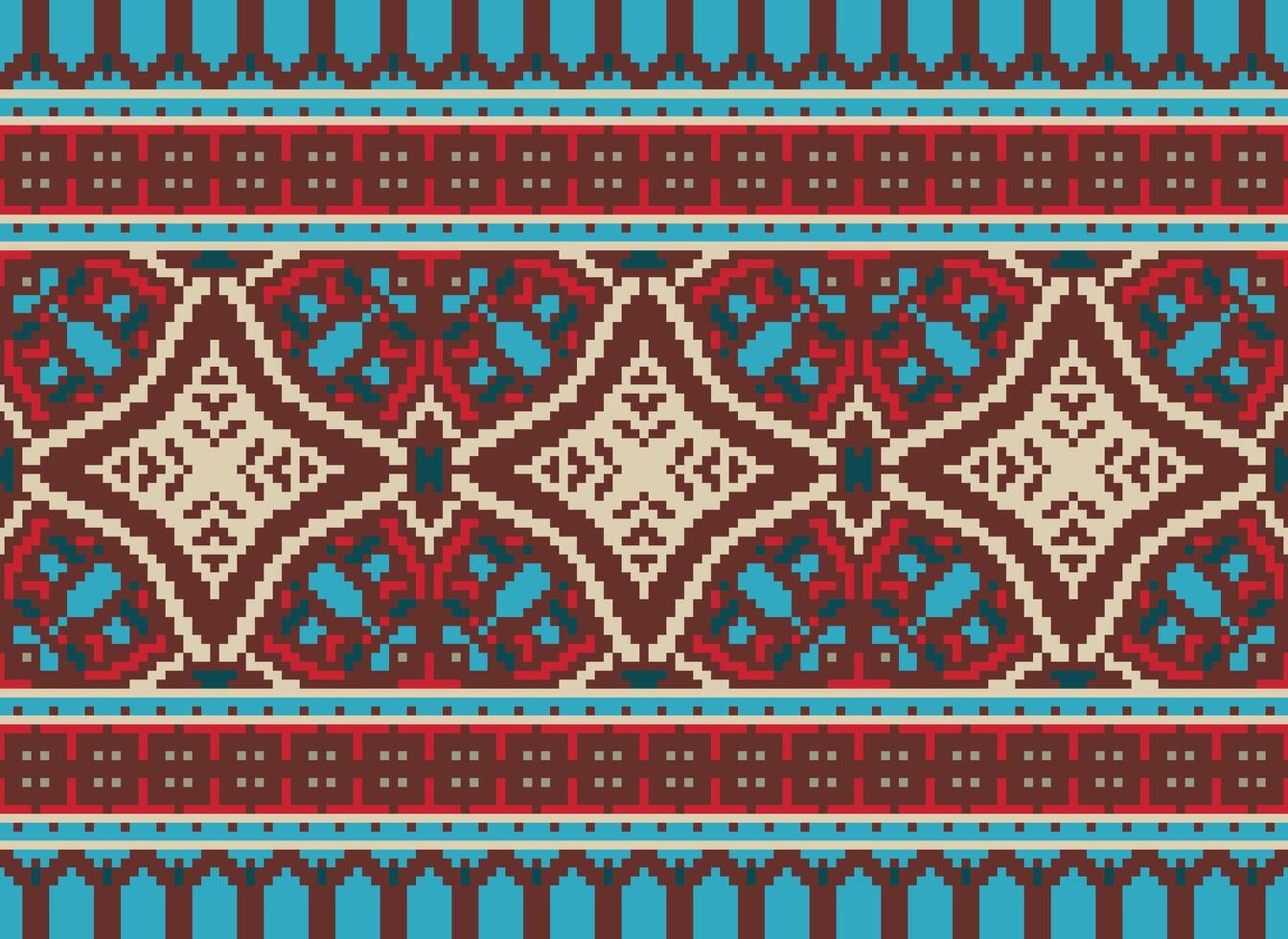 Pixel cross stitch traditional ethnic pattern paisley flower Ikat background abstract Aztec African Indonesian Indian seamless pattern for fabric print cloth dress carpet curtains and sarong vector