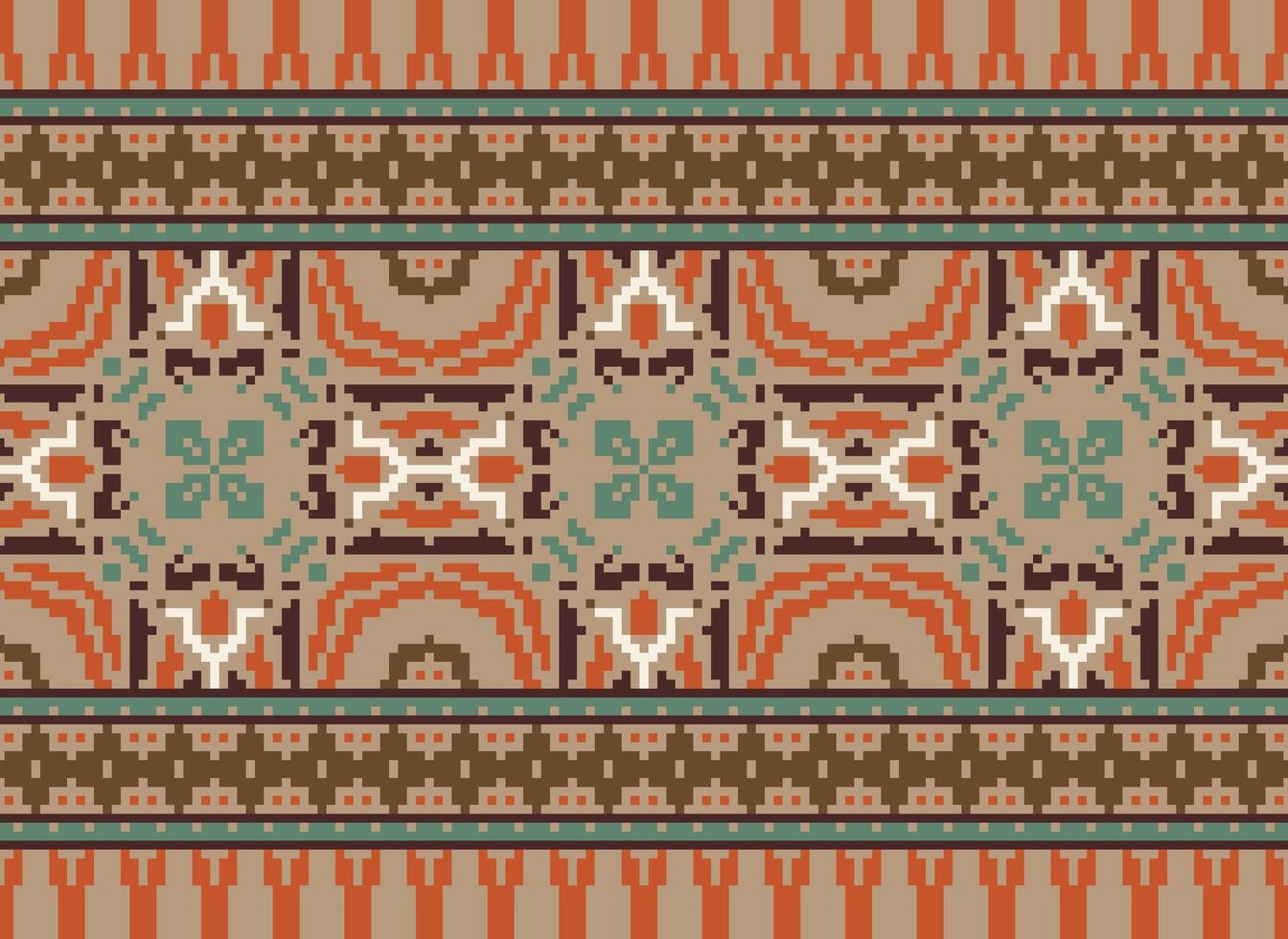 Pixel cross stitch traditional ethnic pattern paisley flower Ikat background abstract Aztec African Indonesian Indian seamless pattern for fabric print cloth dress carpet curtains and sarong vector