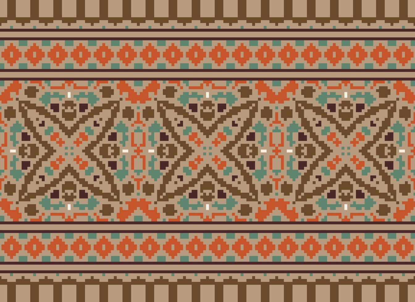 Pixel cross stitch traditional ethnic pattern paisley flower Ikat background abstract Aztec African Indonesian Indian seamless pattern for fabric print cloth dress carpet curtains and sarong vector