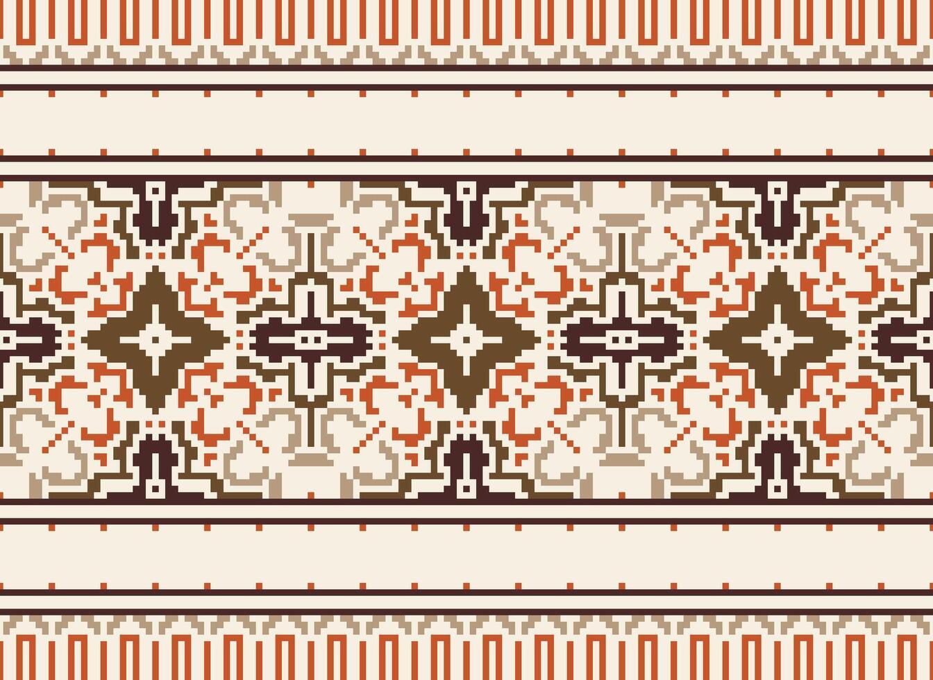 Pixel cross stitch traditional ethnic pattern paisley flower Ikat background abstract Aztec African Indonesian Indian seamless pattern for fabric print cloth dress carpet curtains and sarong vector