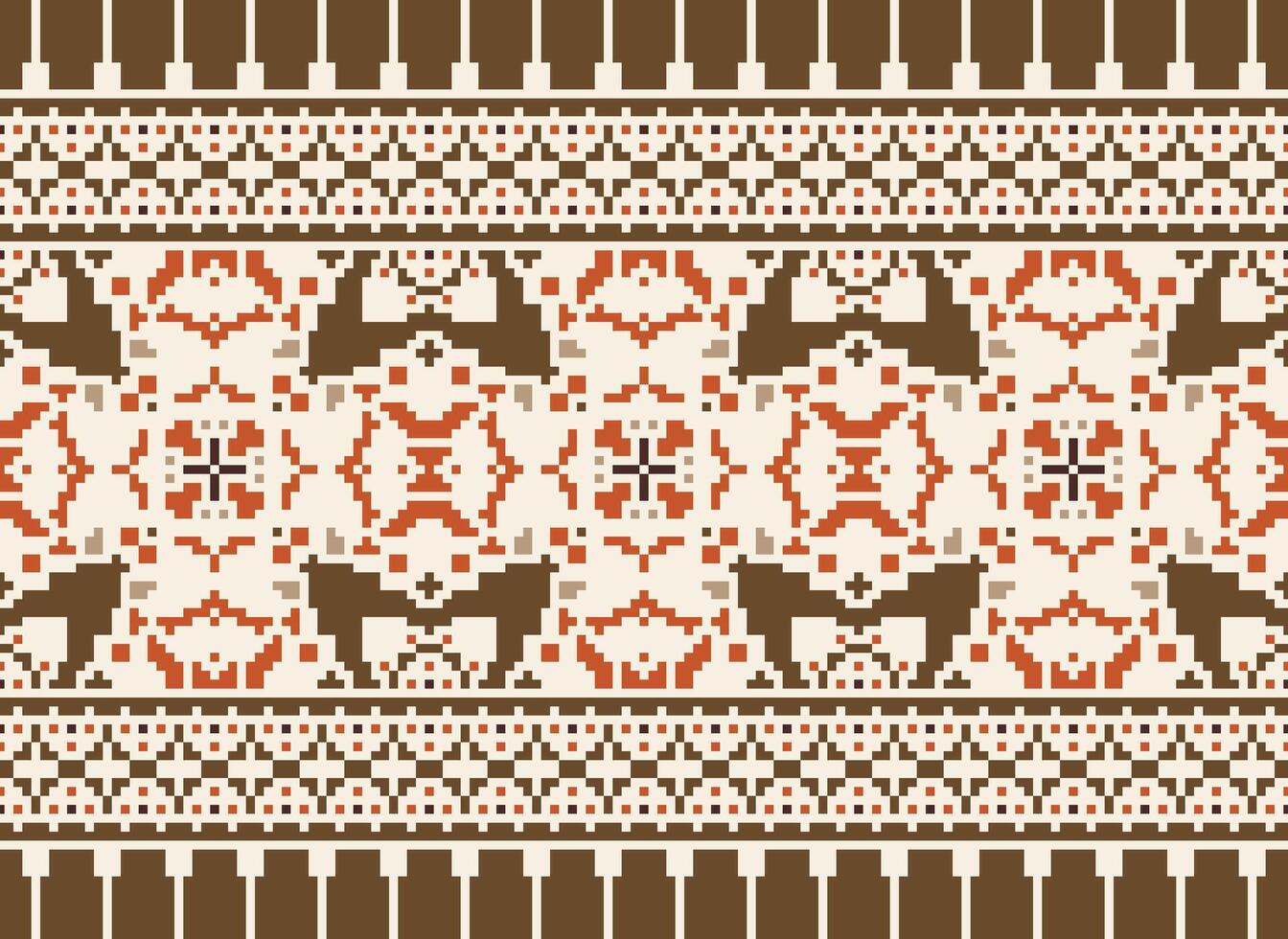 Pixel cross stitch traditional ethnic pattern paisley flower Ikat background abstract Aztec African Indonesian Indian seamless pattern for fabric print cloth dress carpet curtains and sarong vector