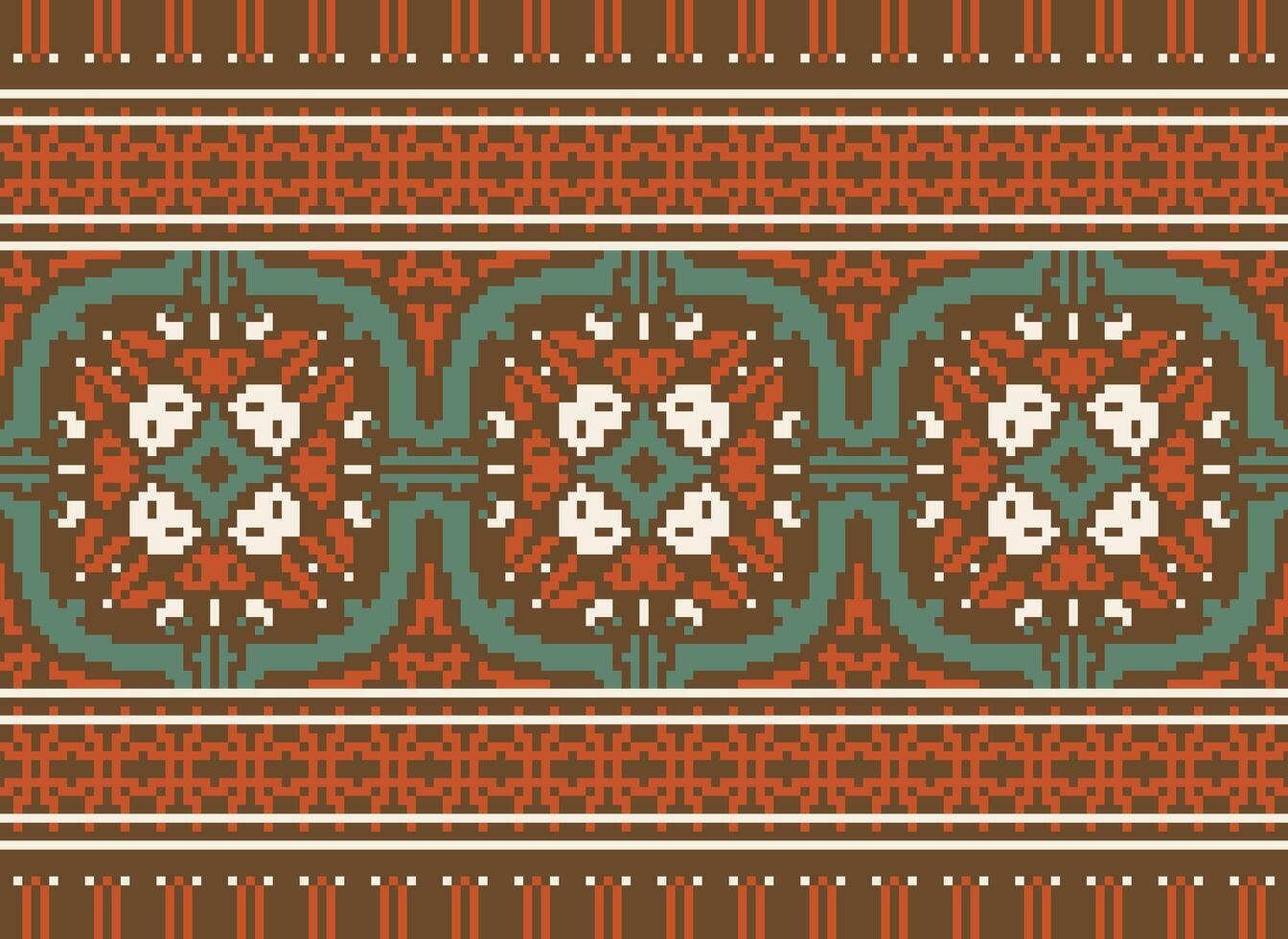 Pixel cross stitch traditional ethnic pattern paisley flower Ikat background abstract Aztec African Indonesian Indian seamless pattern for fabric print cloth dress carpet curtains and sarong vector