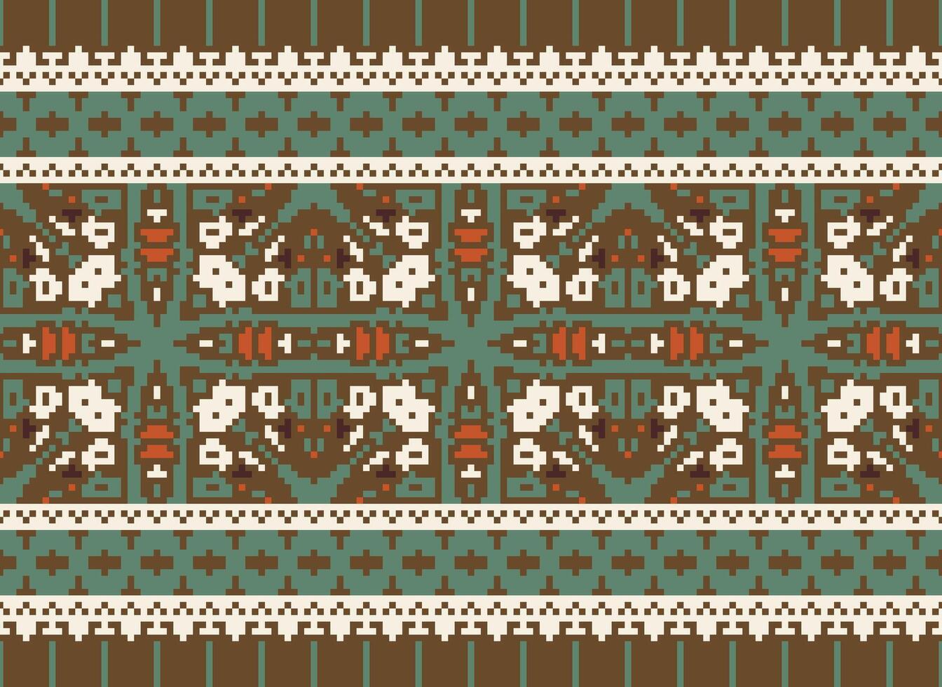 Pixel cross stitch traditional ethnic pattern paisley flower Ikat background abstract Aztec African Indonesian Indian seamless pattern for fabric print cloth dress carpet curtains and sarong vector