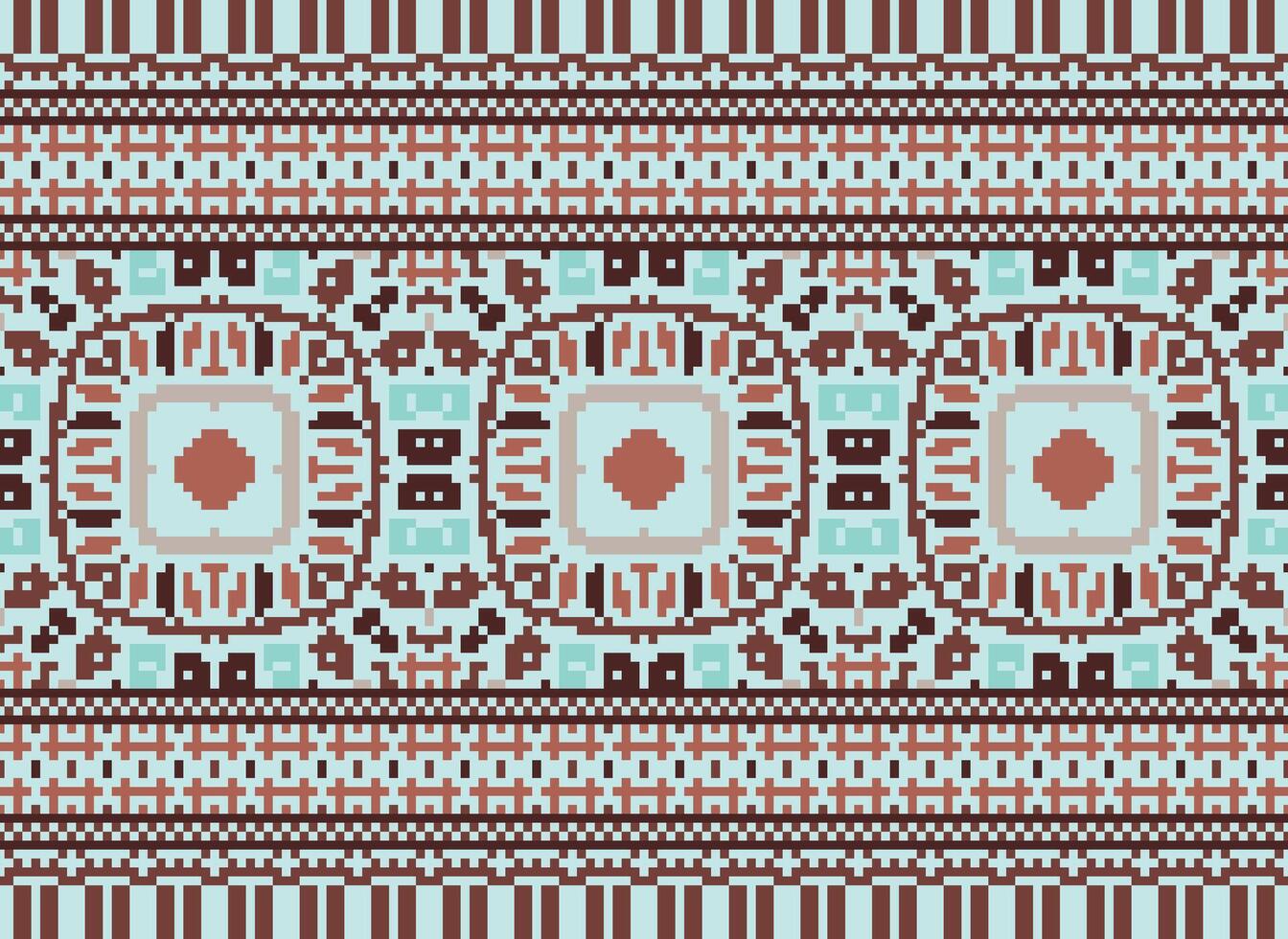 Pixel cross stitch traditional ethnic pattern paisley flower Ikat background abstract Aztec African Indonesian Indian seamless pattern for fabric print cloth dress carpet curtains and sarong vector