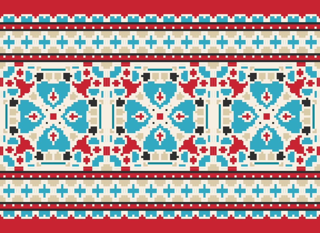 Pixel cross stitch traditional ethnic pattern paisley flower Ikat background abstract Aztec African Indonesian Indian seamless pattern for fabric print cloth dress carpet curtains and sarong vector
