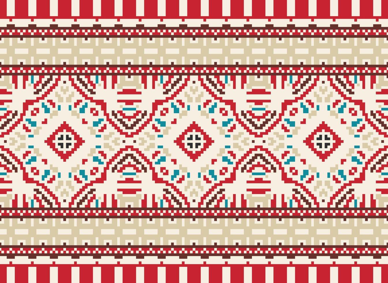 Pixel cross stitch traditional ethnic pattern paisley flower Ikat background abstract Aztec African Indonesian Indian seamless pattern for fabric print cloth dress carpet curtains and sarong vector