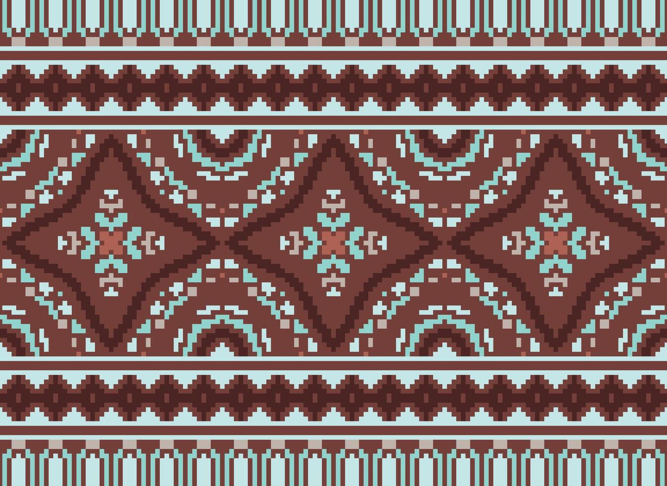 Pixel cross stitch traditional ethnic pattern paisley flower Ikat background abstract Aztec African Indonesian Indian seamless pattern for fabric print cloth dress carpet curtains and sarong vector