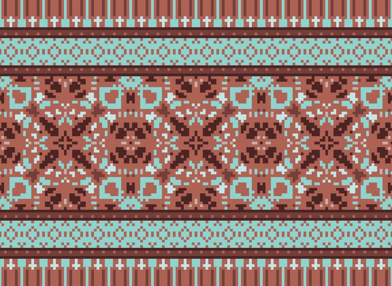 Pixel cross stitch traditional ethnic pattern paisley flower Ikat background abstract Aztec African Indonesian Indian seamless pattern for fabric print cloth dress carpet curtains and sarong vector