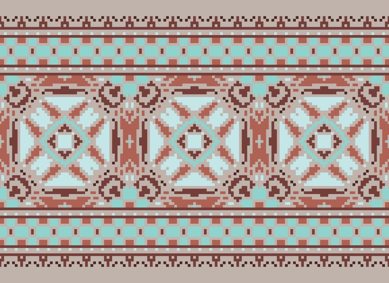 Pixel cross stitch traditional ethnic pattern paisley flower Ikat background abstract Aztec African Indonesian Indian seamless pattern for fabric print cloth dress carpet curtains and sarong vector