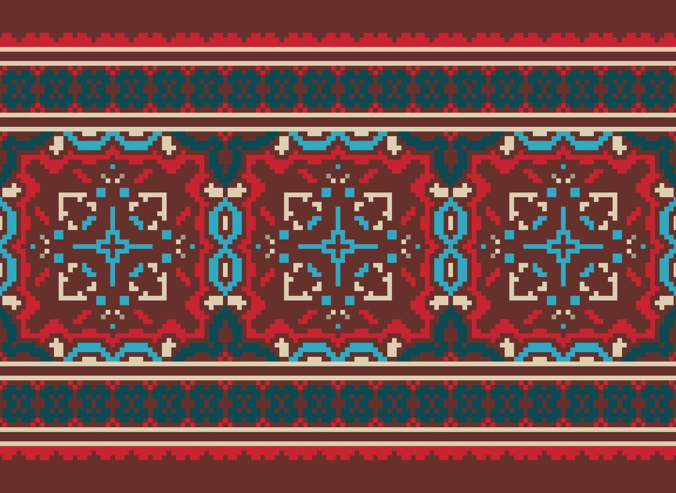 Pixel cross stitch traditional ethnic pattern paisley flower Ikat background abstract Aztec African Indonesian Indian seamless pattern for fabric print cloth dress carpet curtains and sarong vector