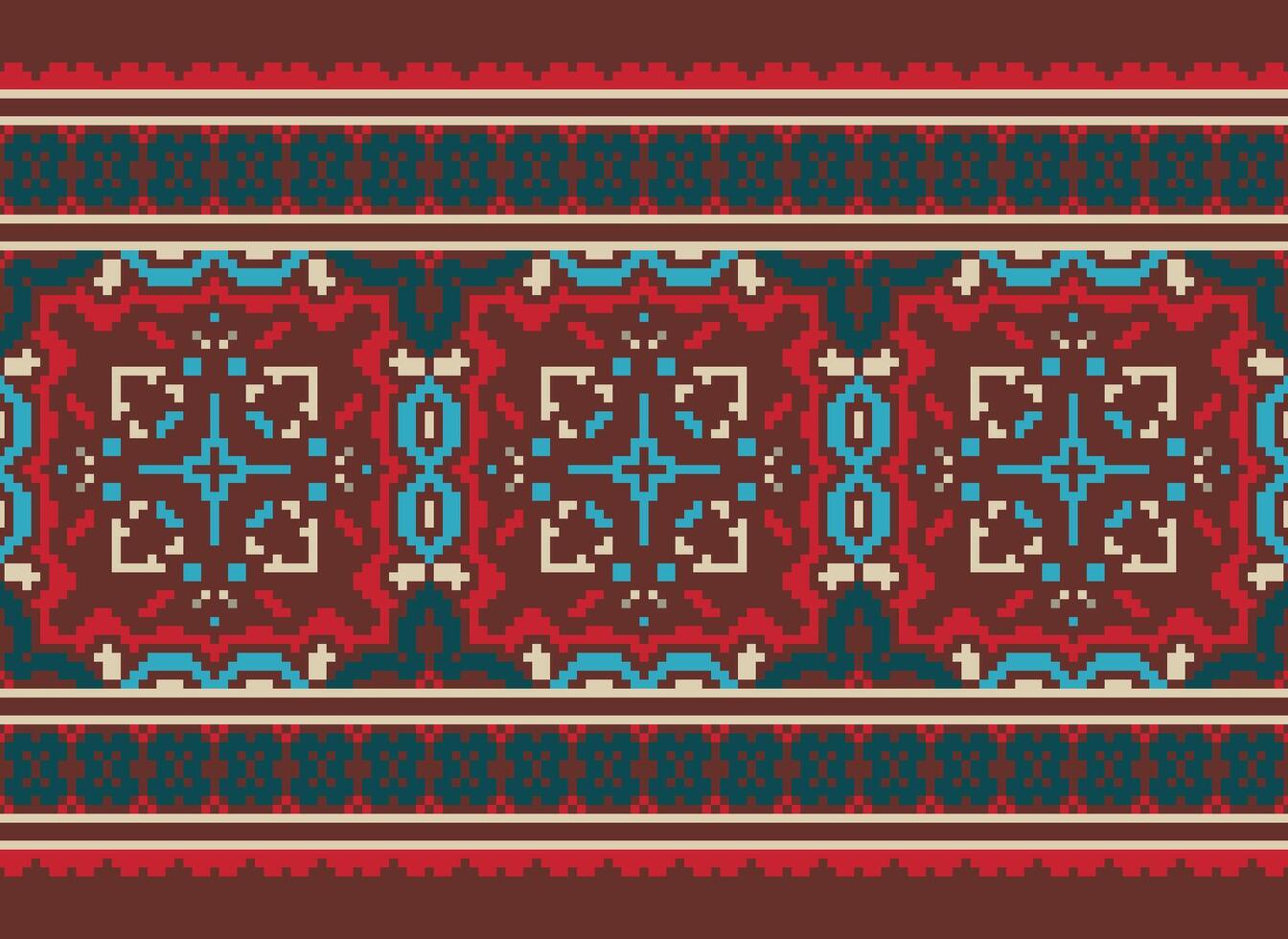 Pixel cross stitch traditional ethnic pattern paisley flower Ikat background abstract Aztec African Indonesian Indian seamless pattern for fabric print cloth dress carpet curtains and sarong vector