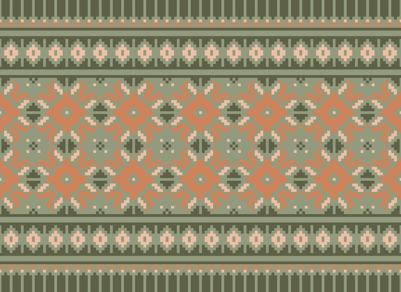 Pixel cross stitch traditional ethnic pattern paisley flower Ikat background abstract Aztec African Indonesian Indian seamless pattern for fabric print cloth dress carpet curtains and sarong vector
