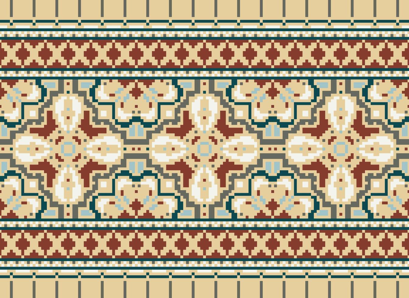 Pixel cross stitch traditional ethnic pattern paisley flower Ikat background abstract Aztec African Indonesian Indian seamless pattern for fabric print cloth dress carpet curtains and sarong vector