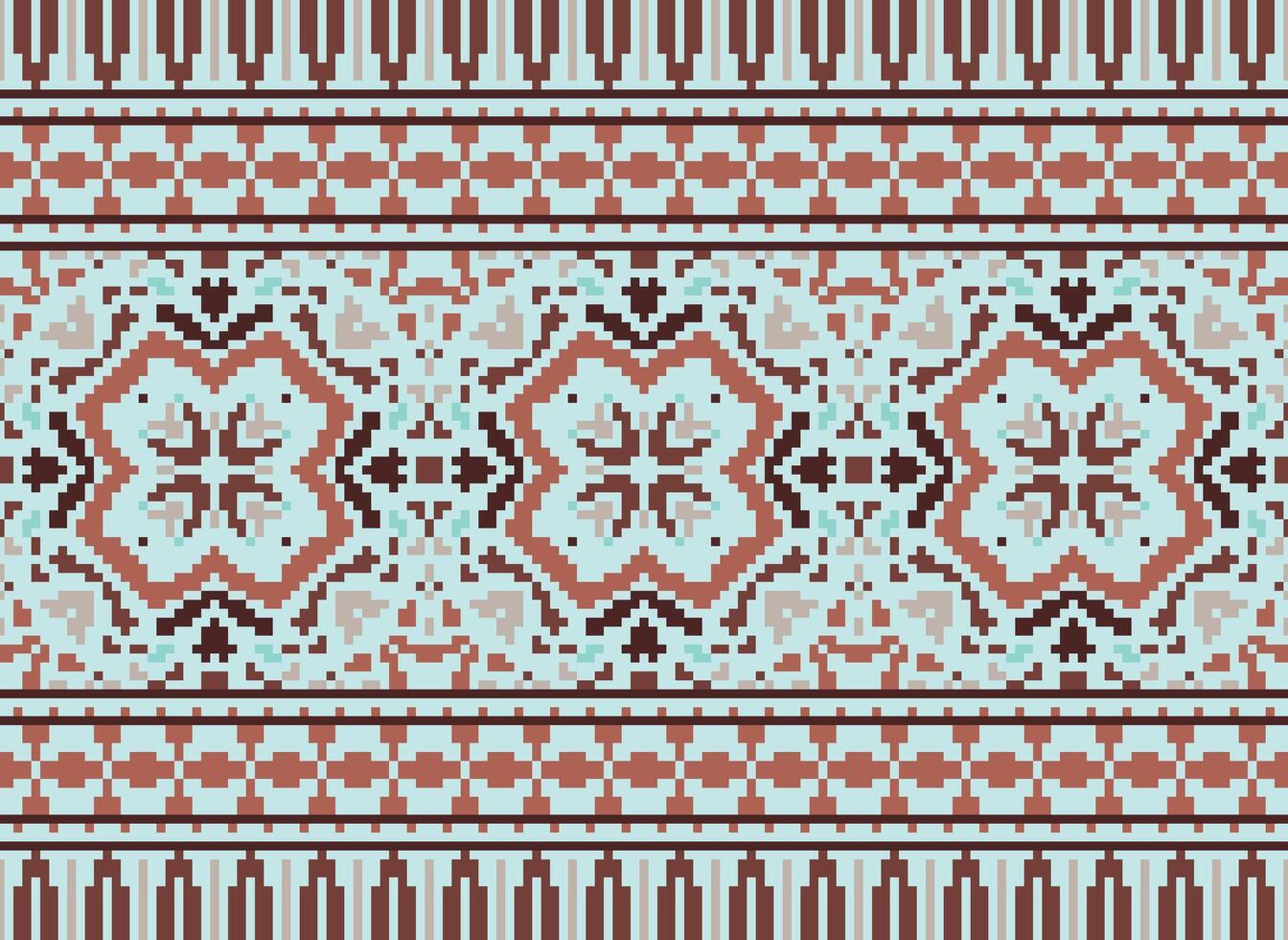 Pixel cross stitch traditional ethnic pattern paisley flower Ikat background abstract Aztec African Indonesian Indian seamless pattern for fabric print cloth dress carpet curtains and sarong vector