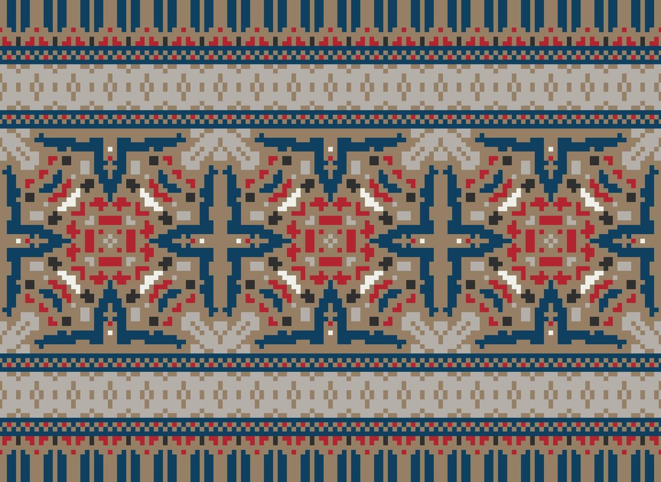 Pixel cross stitch traditional ethnic pattern paisley flower Ikat background abstract Aztec African Indonesian Indian seamless pattern for fabric print cloth dress carpet curtains and sarong vector