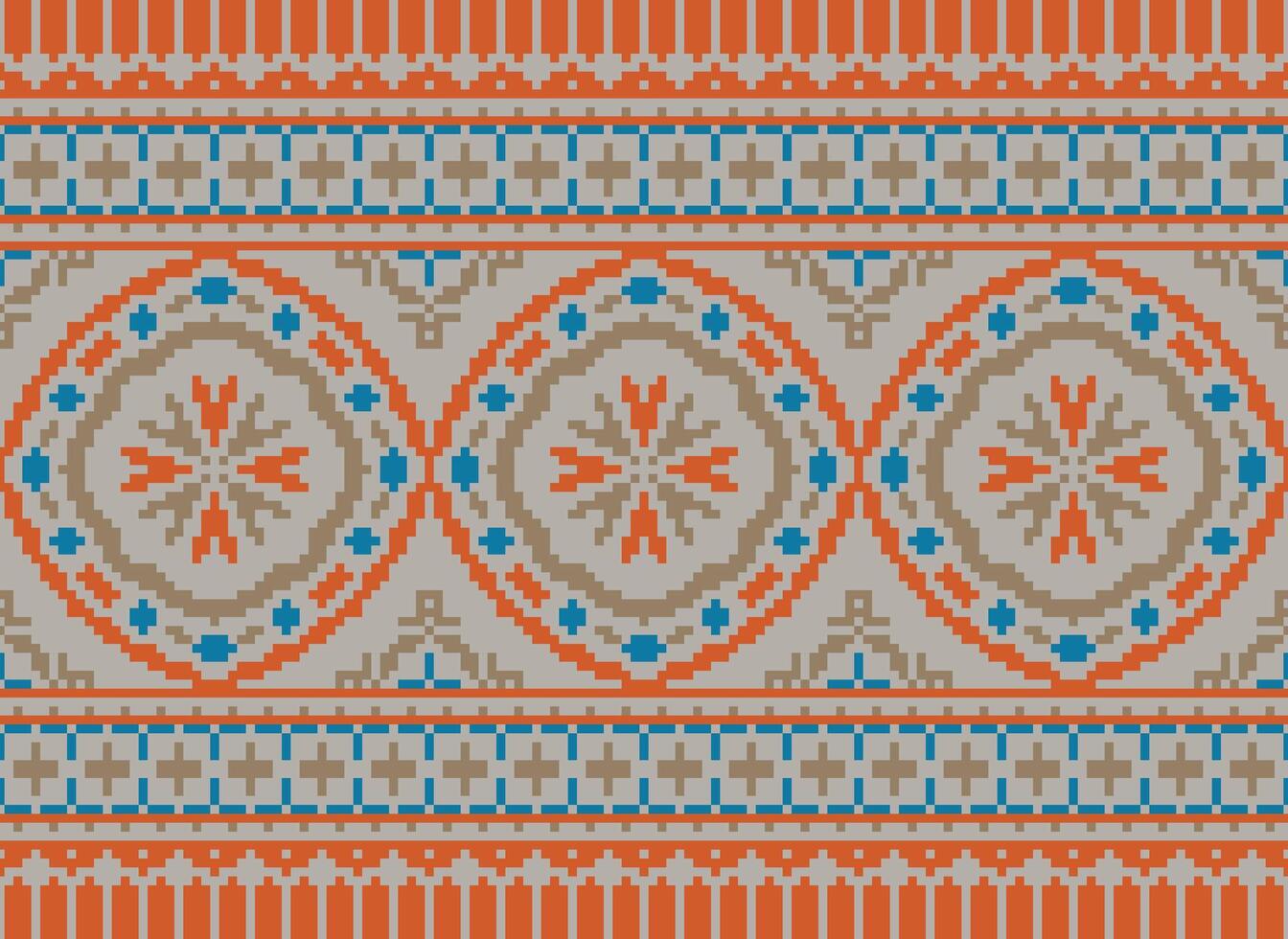 Pixel cross stitch traditional ethnic pattern paisley flower Ikat background abstract Aztec African Indonesian Indian seamless pattern for fabric print cloth dress carpet curtains and sarong vector