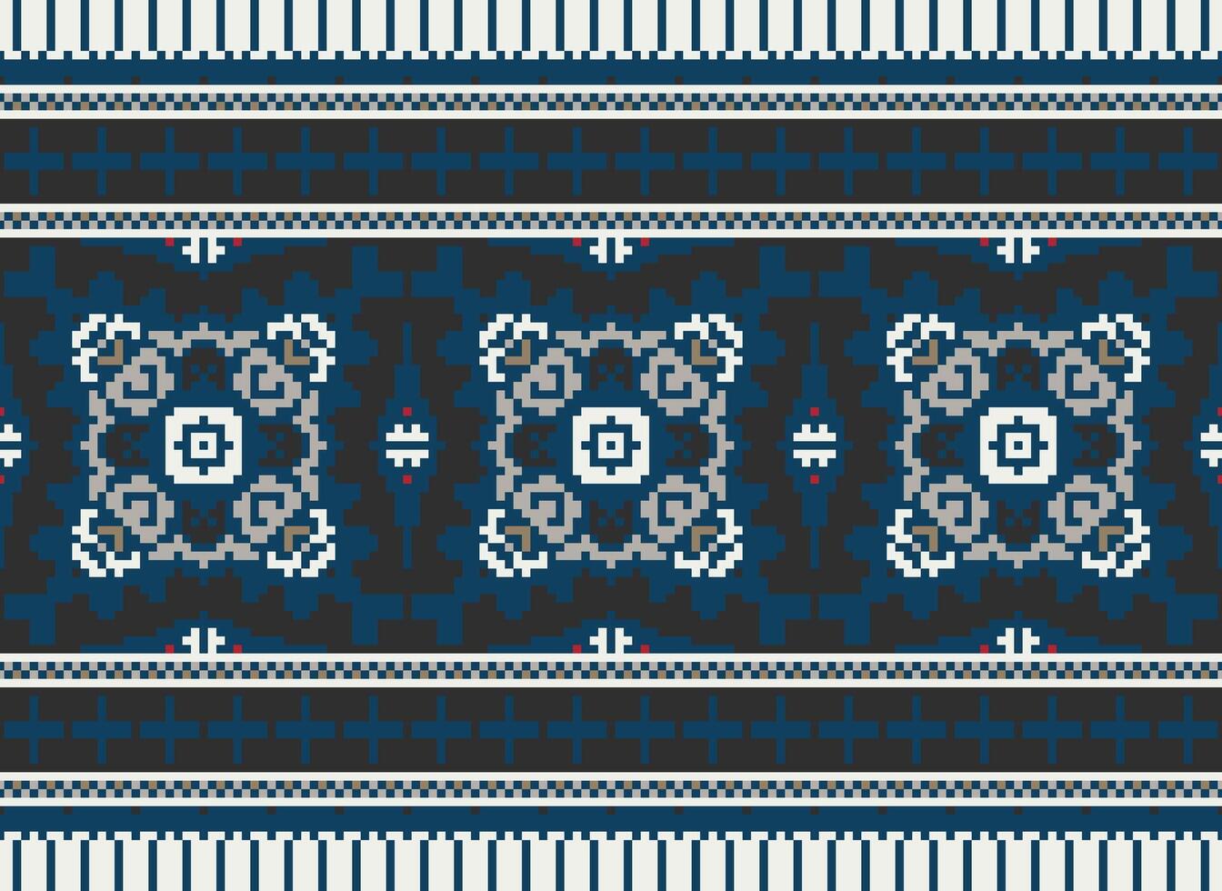 Pixel cross stitch traditional ethnic pattern paisley flower Ikat background abstract Aztec African Indonesian Indian seamless pattern for fabric print cloth dress carpet curtains and sarong vector
