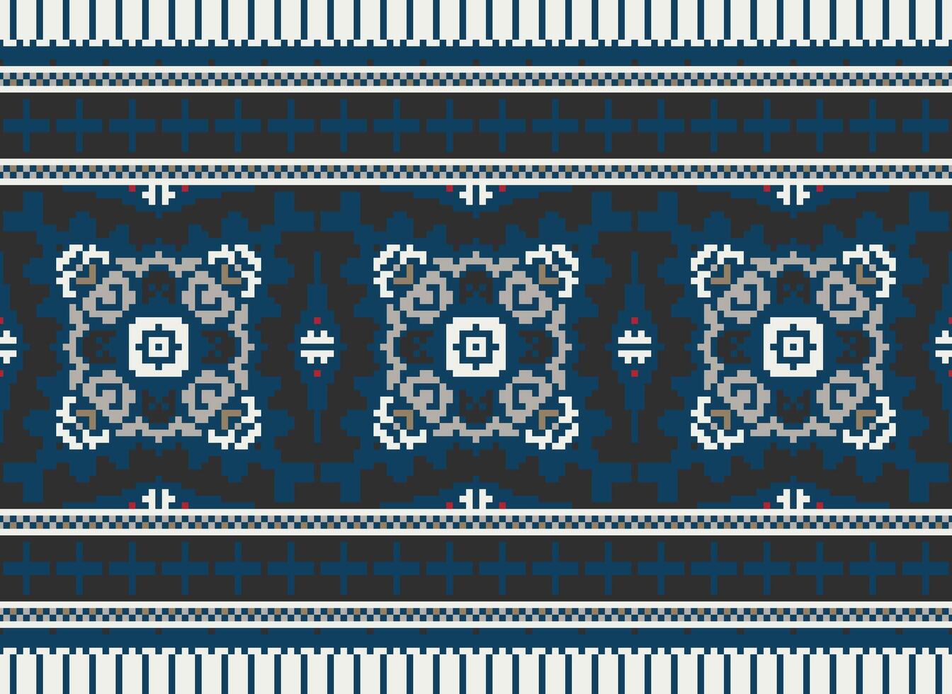 Pixel cross stitch traditional ethnic pattern paisley flower Ikat background abstract Aztec African Indonesian Indian seamless pattern for fabric print cloth dress carpet curtains and sarong vector