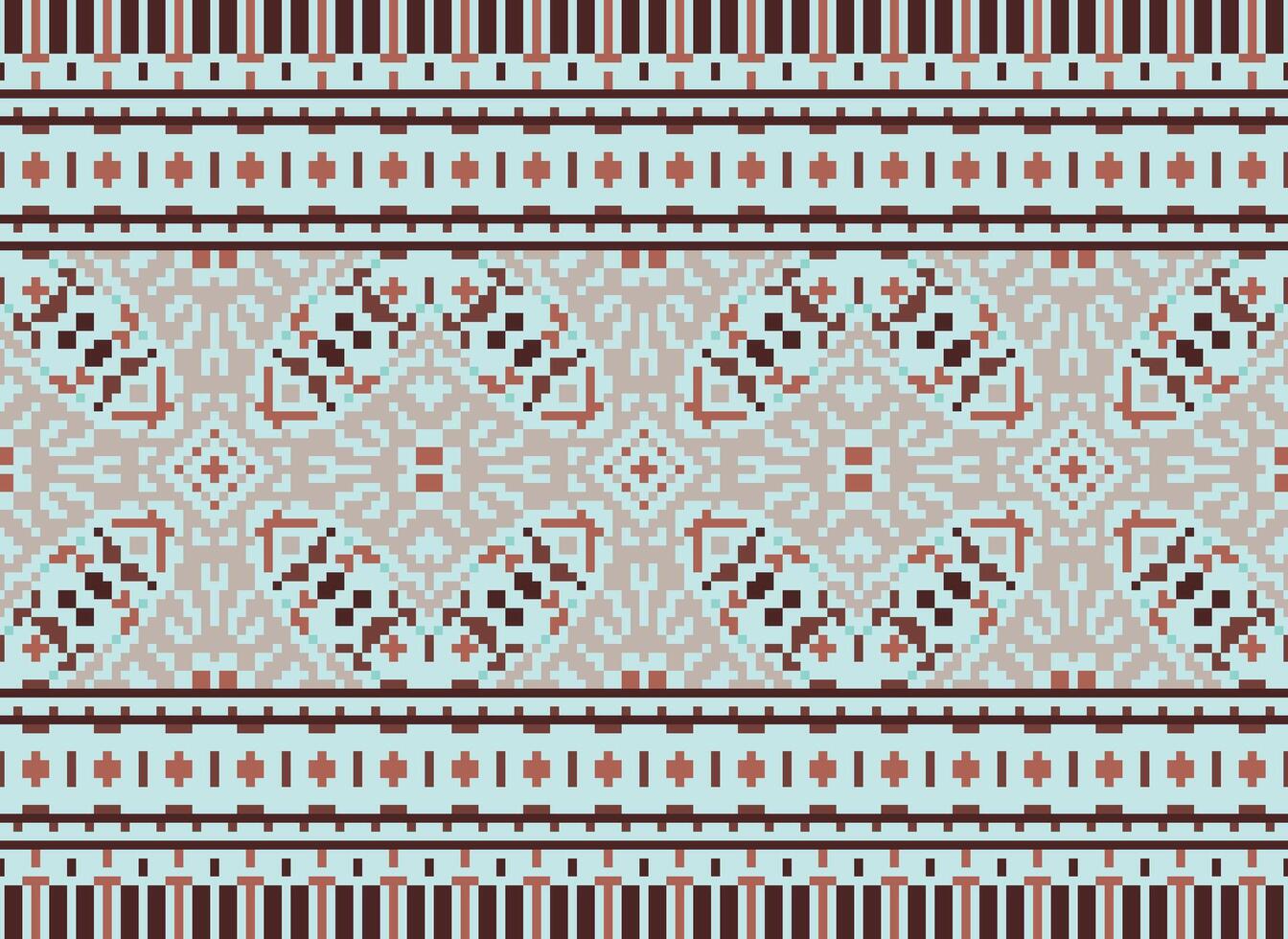 Pixel cross stitch traditional ethnic pattern paisley flower Ikat background abstract Aztec African Indonesian Indian seamless pattern for fabric print cloth dress carpet curtains and sarong vector