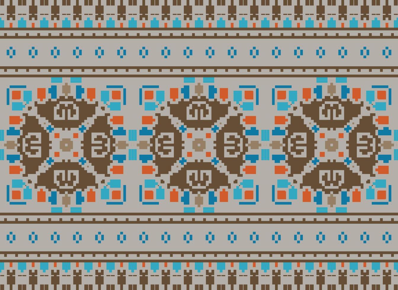Pixel cross stitch traditional ethnic pattern paisley flower Ikat background abstract Aztec African Indonesian Indian seamless pattern for fabric print cloth dress carpet curtains and sarong vector